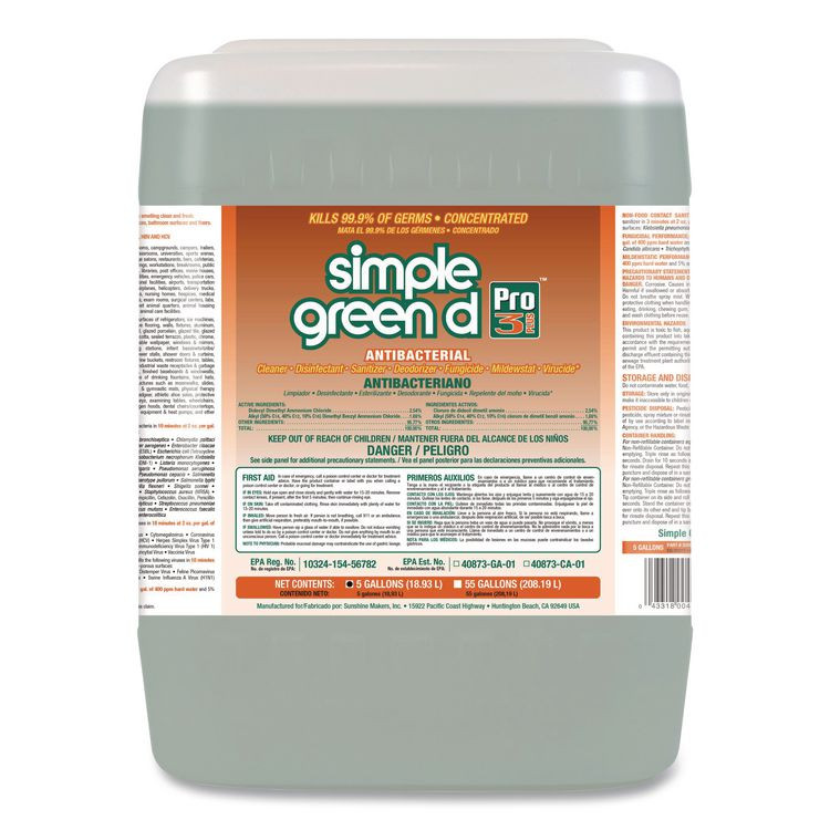 SUNSHINE MAKERS, INC. Simple Green® 3301005 d Pro 3 Plus Antibacterial Concentrate, Herbal Scent, 5 gal Pail