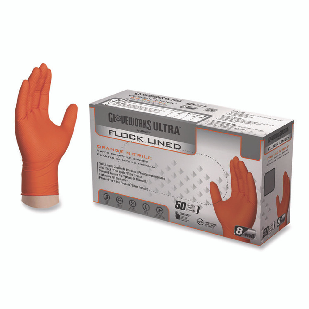 AMMEX CORPORATION GloveWorks® by GWUOFN46050 Ultra Industrial Flock-Lined Nitrile Disposable Gloves, Large, 8 mil Thick, 9.06" Long, Orange, 50/Box, 10 Boxes/Carton
