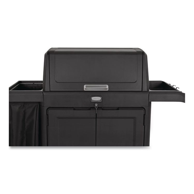 RUBBERMAID COMMERCIAL PROD. 2202587 Housekeeping Cart with Hood and Doors, Plastic, 4 Shelves,1 Bin, 24.4 x 62.4 x 56.9, Black