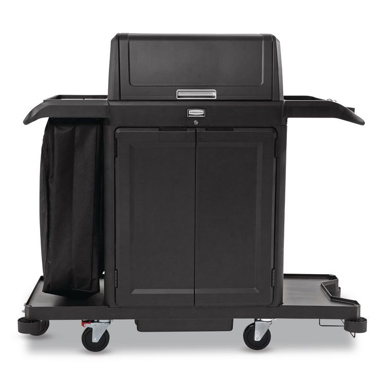RUBBERMAID COMMERCIAL PROD. 2202587 Housekeeping Cart with Hood and Doors, Plastic, 4 Shelves,1 Bin, 24.4 x 62.4 x 56.9, Black