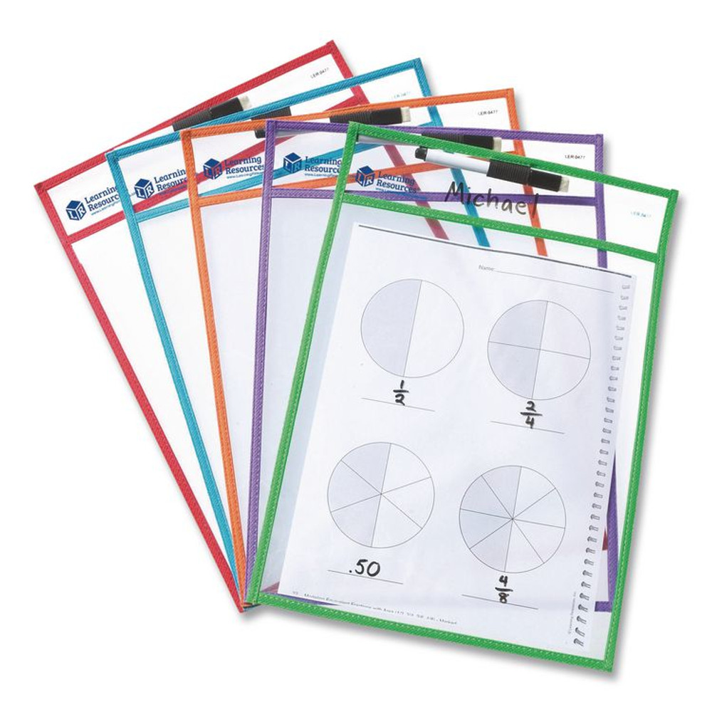LEARNING RESOURCES LER0477 Write and Wipe Pockets, Medium-Duty, Top Load, 10" x 14" Insert, Clear Front, Assorted Color Border, 5 Pockets