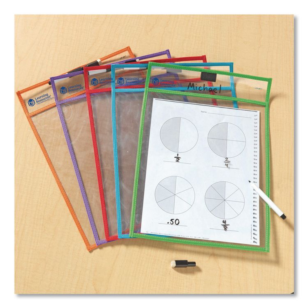 LEARNING RESOURCES LER0477 Write and Wipe Pockets, Medium-Duty, Top Load, 10" x 14" Insert, Clear Front, Assorted Color Border, 5 Pockets