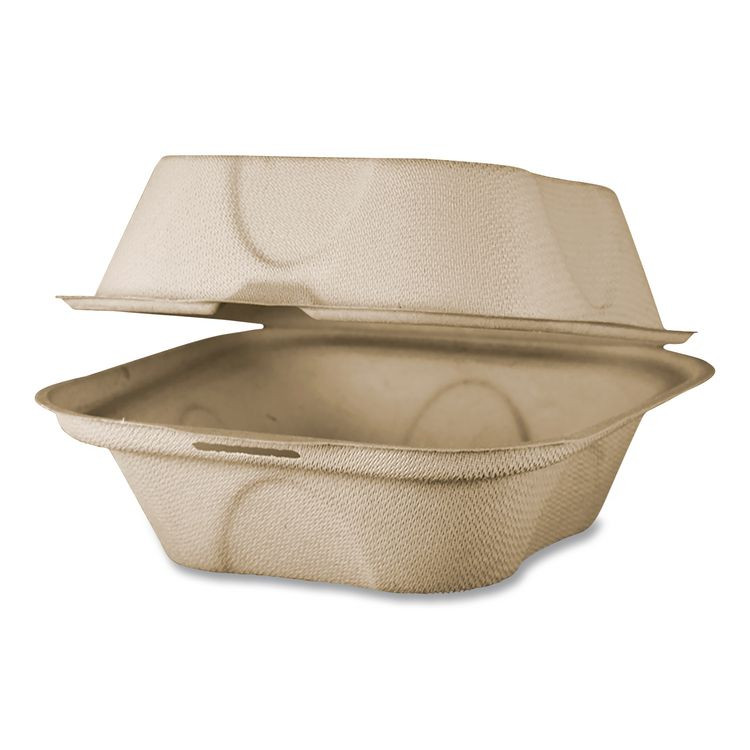 WORLD CENTRIC TOSCU15BLFP Fiber Hinged Takeout Containers, Burger Box, 6.5 x 6 x 3.2, Natural, Paper, 500/Carton