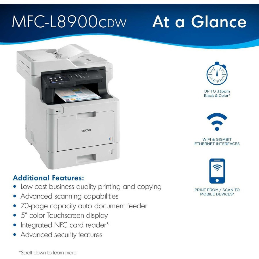 Brother Industries, Ltd Brother MFC-L8900CDW Brother Business Color Laser All-in-One MFC-L8900CDW - Duplex Print - Wireless Networking