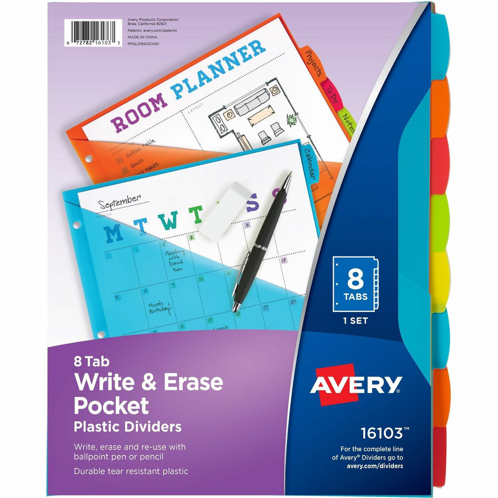 Avery Avery&reg; 16-103 Avery&reg; Write & Erase 8-Tab Plastic Dividers, Pockets, Brights (16103)