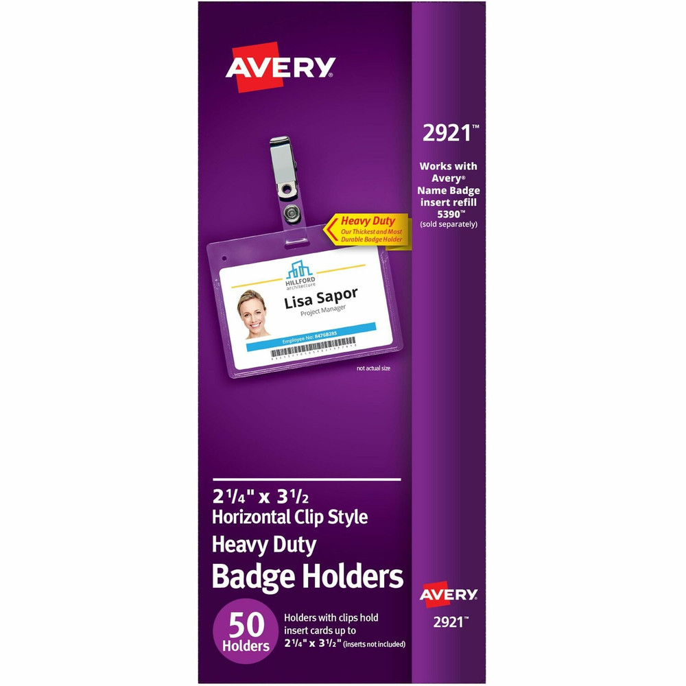 Avery Avery&reg; 2921 Avery(R) Heavy Duty Badge Holders, 2.25" x 3.5" , 50 Horizontal Name Badge Holders with Clips (2921)