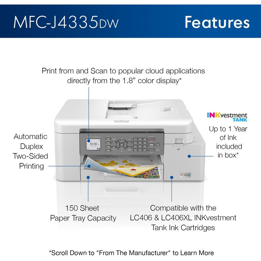 Brother Industries, Ltd Brother MFCJ4335DW Brother INKvestment Tank MFC-J4335DW Inkjet Multifunction Printer-Color-Copier/Fax/Scanner-4800x1200 dpi Print-Automatic Duplex Print-30000 Pages-150 sheets Input-Color Flatbed Scanner-2400 dpi Optical Scan-