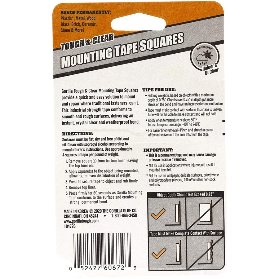 Gorilla Glue, Inc Gorilla 6067202 Gorilla Tough & Clear Mounting Squares