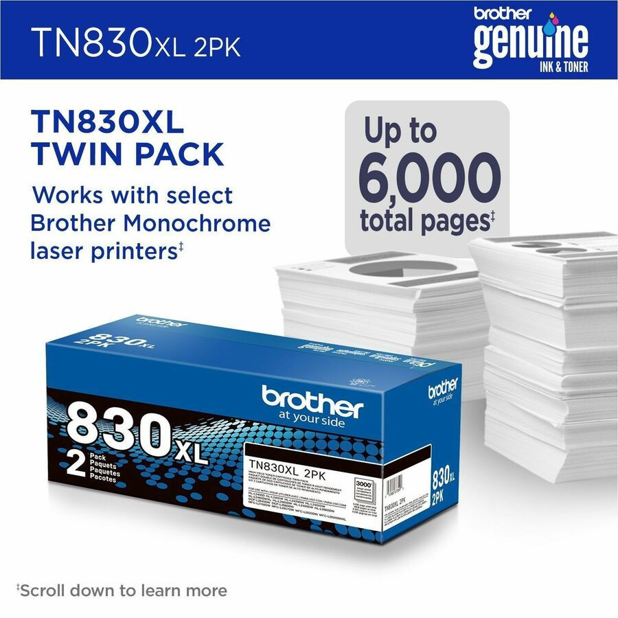 Brother Industries, Ltd Brother TN830XL2PK Brother Genuine TN830XL 2PK High Yield Black Toner Cartridge Twin-Pack