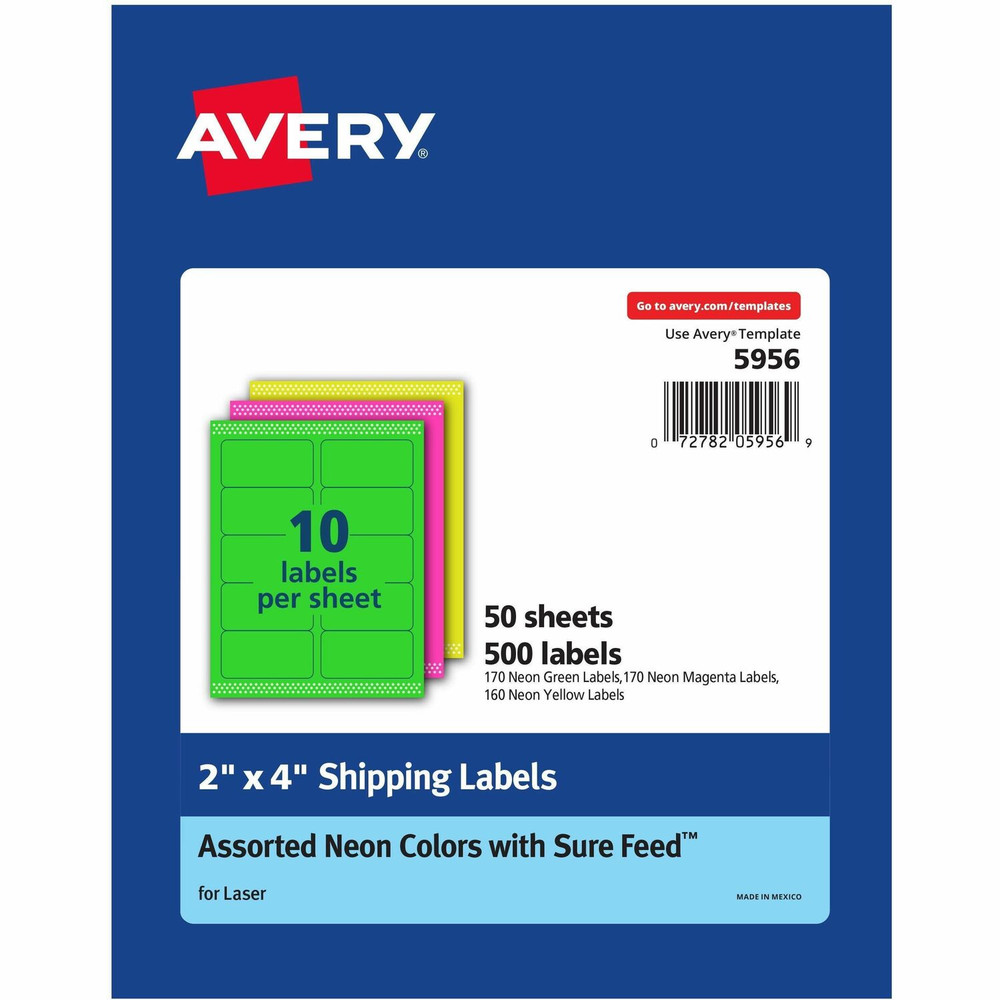 Avery Avery&reg; 5956 Avery&reg; 2"x 4" Neon Shipping Labels with Sure Feed, 500 Labels (5956)