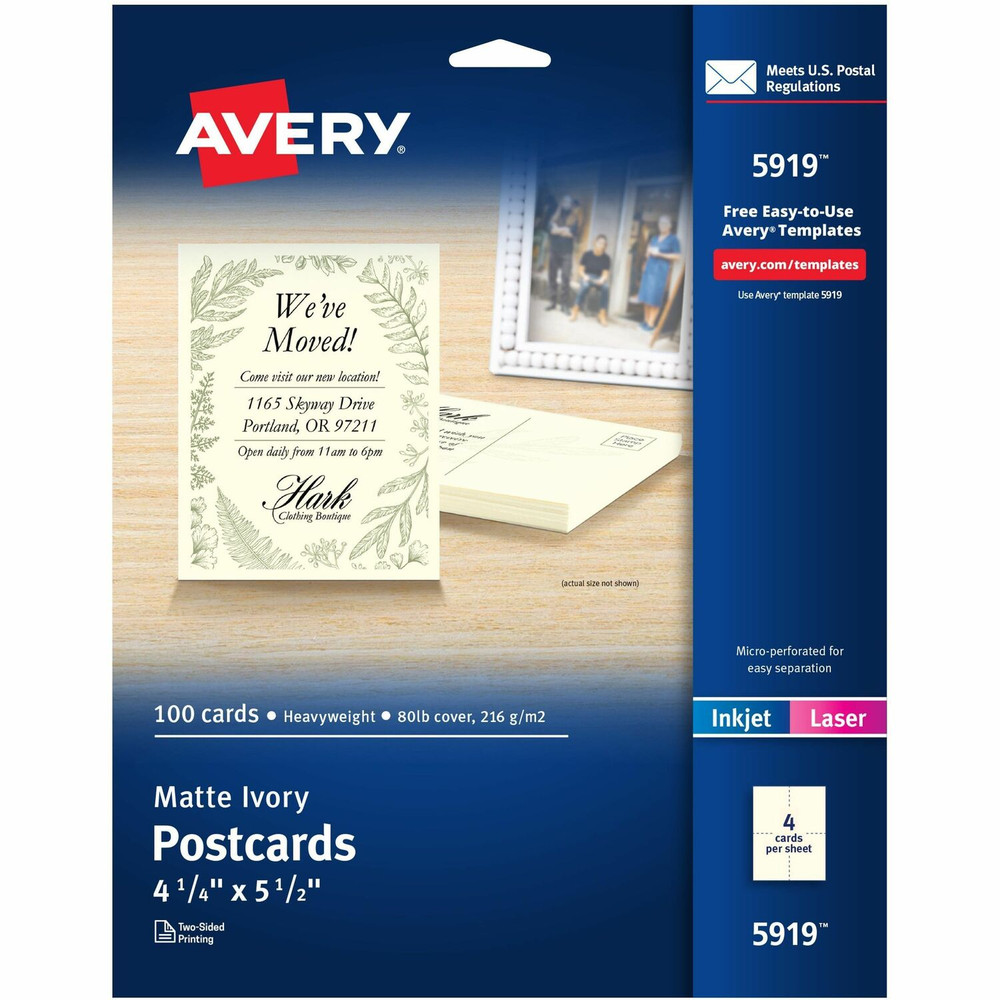 Avery Avery&reg; 5919 Avery&reg; Postcards, Ivory, Two-Sided, 4-1/4" x 5-1/2" , 100 Cards (5919)