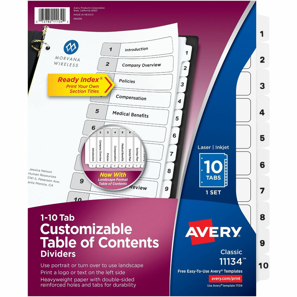 Avery Avery&reg; 11134 Avery&reg; Ready Index&reg; Table of Content Dividers for Laser and Inkjet Printers, 10 tabs