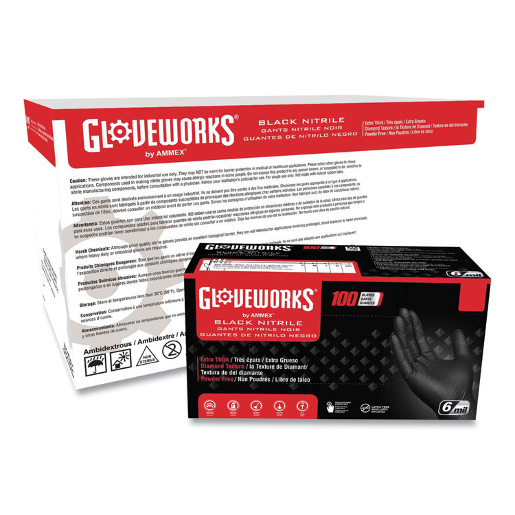 AMMEX CORPORATION GloveWorks® by GWBN49100 Heavy-Duty Industrial Nitrile Gloves, Powder-Free, XX-Large, 6 mil Thick, 9.5" Long, Black, 100/Box, 10 Boxes/Carton