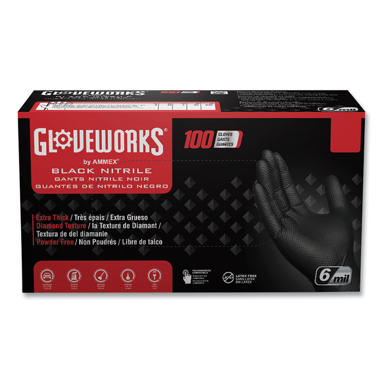 AMMEX CORPORATION GloveWorks® by GWBN49100 Heavy-Duty Industrial Nitrile Gloves, Powder-Free, XX-Large, 6 mil Thick, 9.5" Long, Black, 100/Box, 10 Boxes/Carton