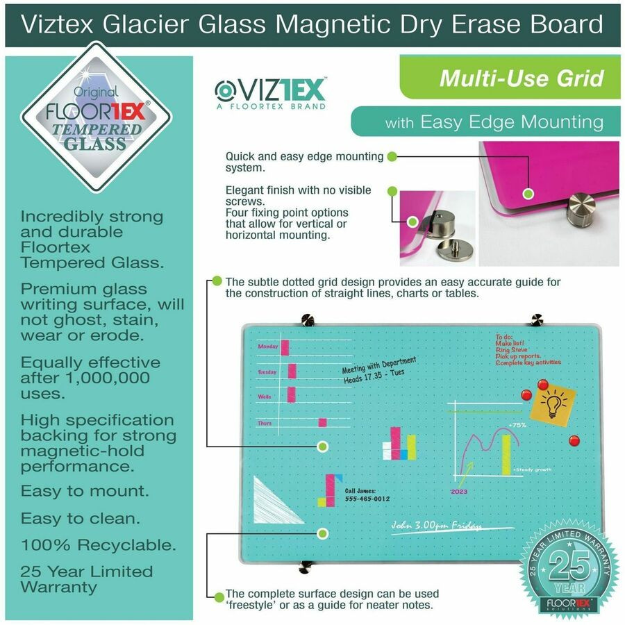Floortex FCVGM3040WG Floortex Viztex&reg; Glacier White Multi-Purpose Grid Glass Dry-Erase Board 30" x 40"