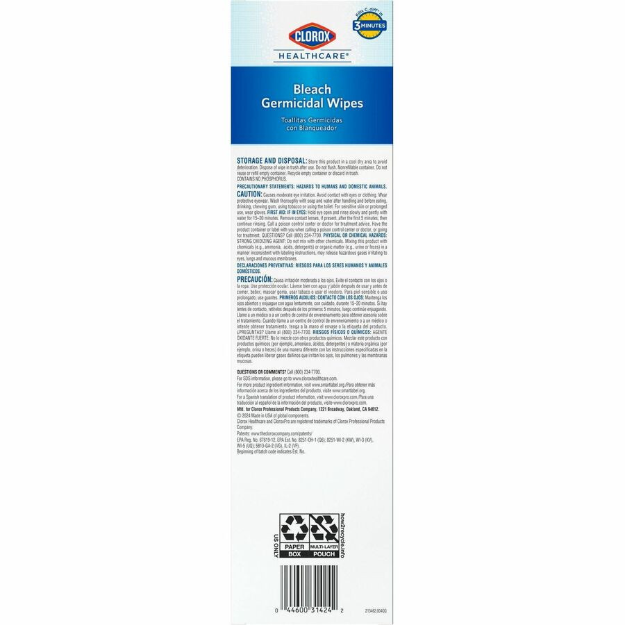 The Clorox Company Clorox Healthcare 31424CT Clorox Healthcare Bleach Germicidal Wipes