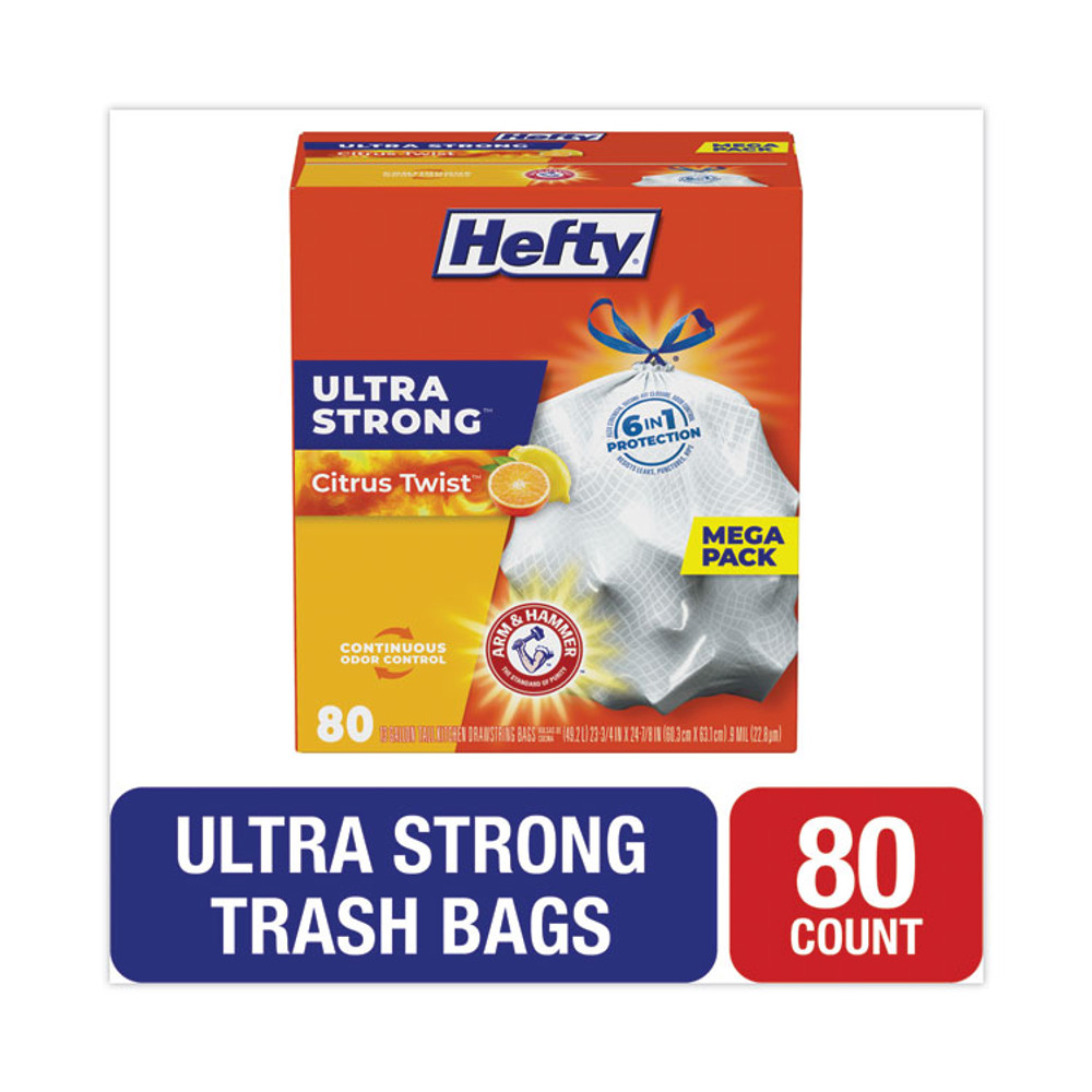 REYNOLDS FOOD PACKAGING Hefty® E88354 Extra Heavy-Duty Ultra Strong Scented Tall Kitchen Bags, Drawstring, 13 gal, Citrus Twist, 23.75" x 24.88", White, 80/Box