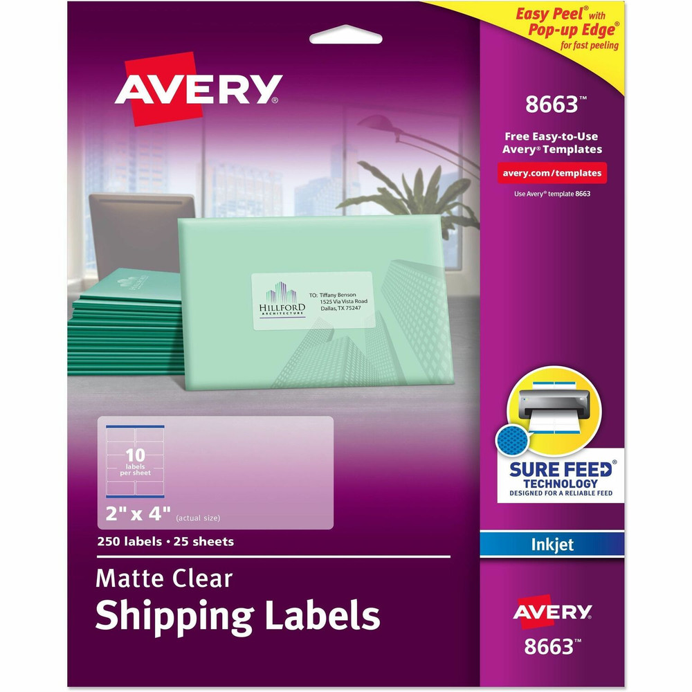 Avery Avery&reg; 8663 Avery&reg; Shipping Labels, Sure Feed, 2" x 4" , 100 Clear Labels (18663)