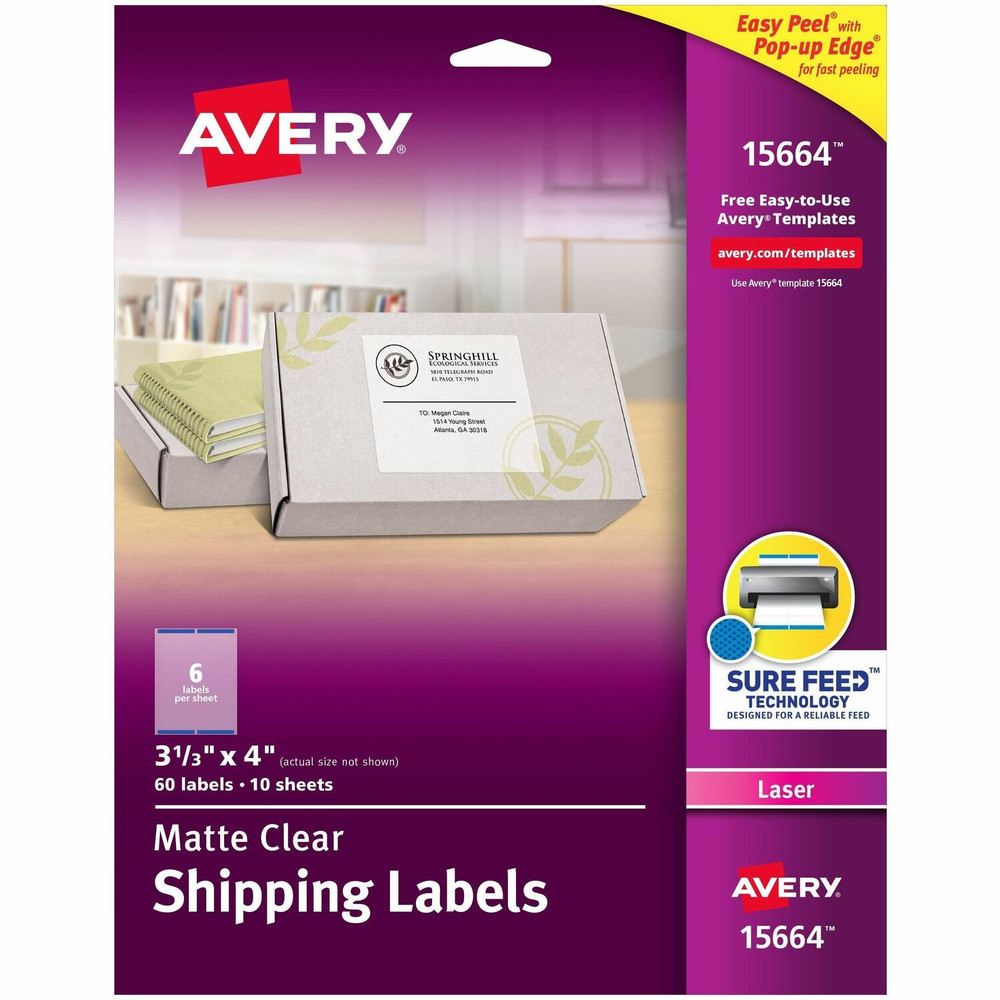 Avery Avery&reg; 15664 Avery&reg; Clear Shipping Labels, Sure Feed, 3-1/3" x 4" 300 Labels (15664)
