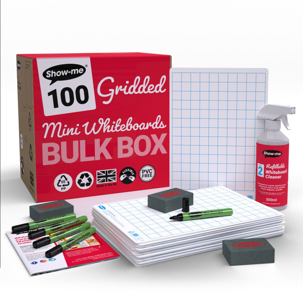 EASTPOINT USA LLC Show-me® Bulk Box of 100 x Gridded/Plain 8" x 12" Lapboards, with Pens, Erasers, Cleaner