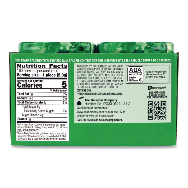 THE HERSHEY COMPANY ICE BREAKERS 22002651 Ice Cubes Spearmint Sugar-Free Gum, Spearmint, 40 Cubes/Bottle, 4 Bottles/Carton
