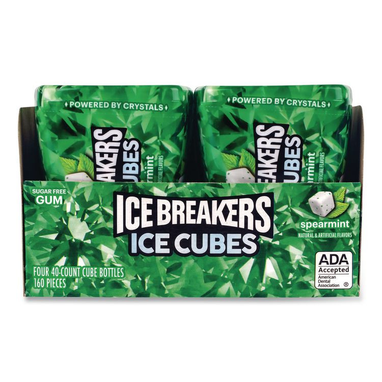 THE HERSHEY COMPANY ICE BREAKERS 22002651 Ice Cubes Spearmint Sugar-Free Gum, Spearmint, 40 Cubes/Bottle, 4 Bottles/Carton