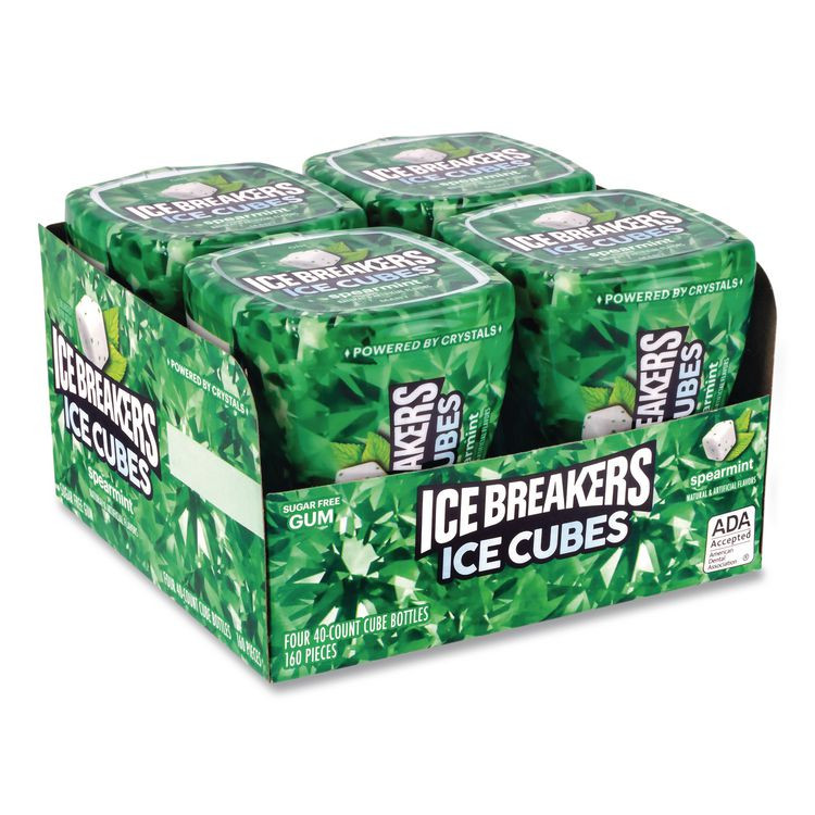 THE HERSHEY COMPANY ICE BREAKERS 22002651 Ice Cubes Spearmint Sugar-Free Gum, Spearmint, 40 Cubes/Bottle, 4 Bottles/Carton