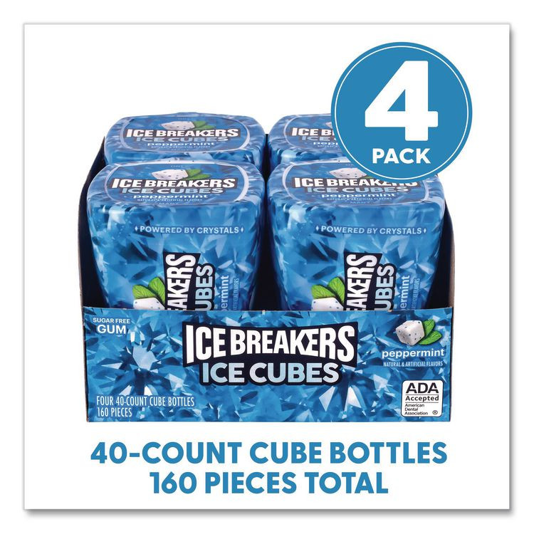 THE HERSHEY COMPANY ICE BREAKERS 22002645 Ice Cubes Peppermint Sugar-Free Gum, Peppermint, 40 Cubes/Bottle, 4 Bottles/Carton