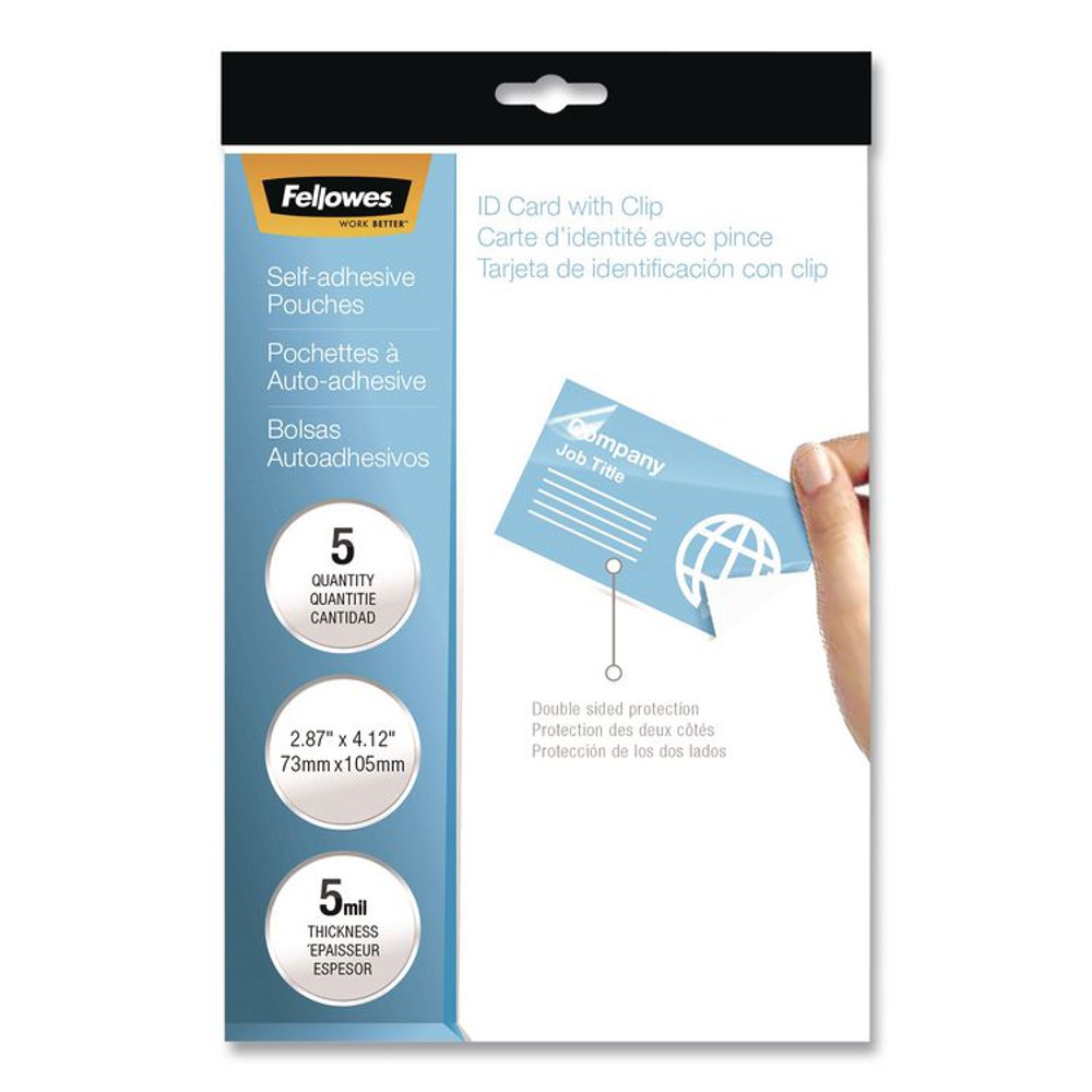 FELLOWES MFG. CO. 5220701 Self-Adhesive Laminating Pouches, With Badge Clips, 5 mil, 3.88 x 2.63, Gloss Clear, 5/Pack