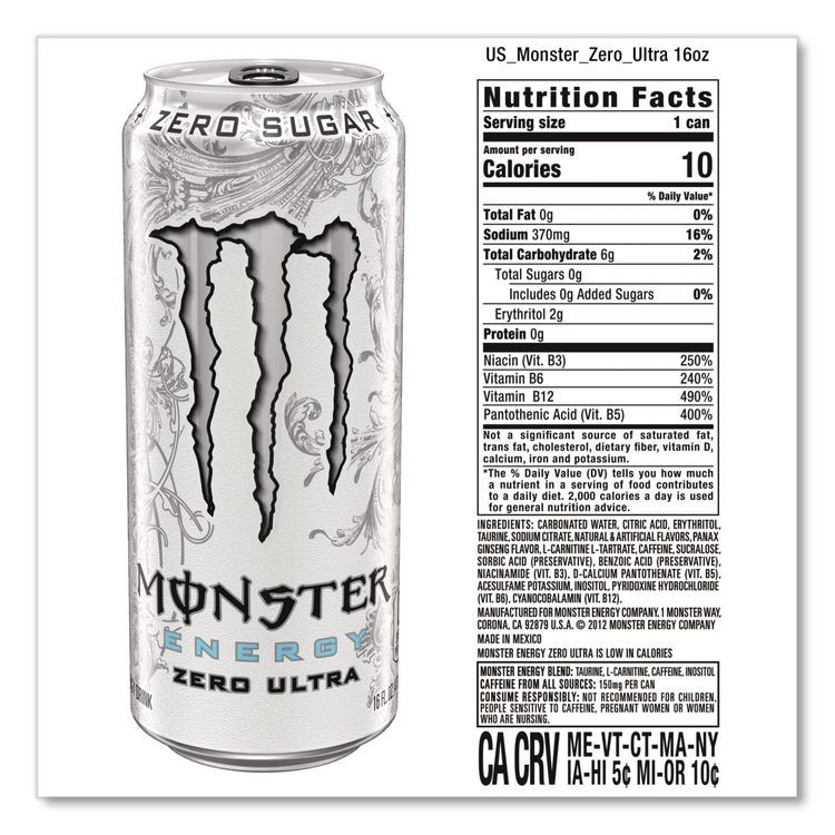 MONSTER BEVERAGE CORPORATION Energy® 22002677 Ultra Zero, Original, 16 oz Bottle, 24/Carton