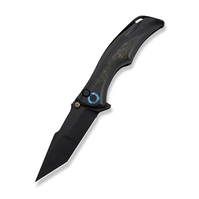 We Knife WE24054B-1 Tighe Down Flipper & Thumb Stud & Button Lock Knife Black Titanium Integral Handle With Black & Yellow Carbon Fiber Inlay (4"" Black Stonewashed Bohler M390 Blade, Tanto)