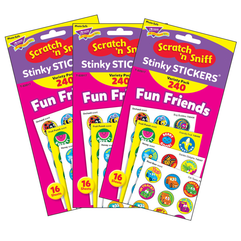 TREND ENTERPRISES INC. TREND Fun Friends Stinky Stickers® Variety Pack, 240 Per Pack, 3 Packs