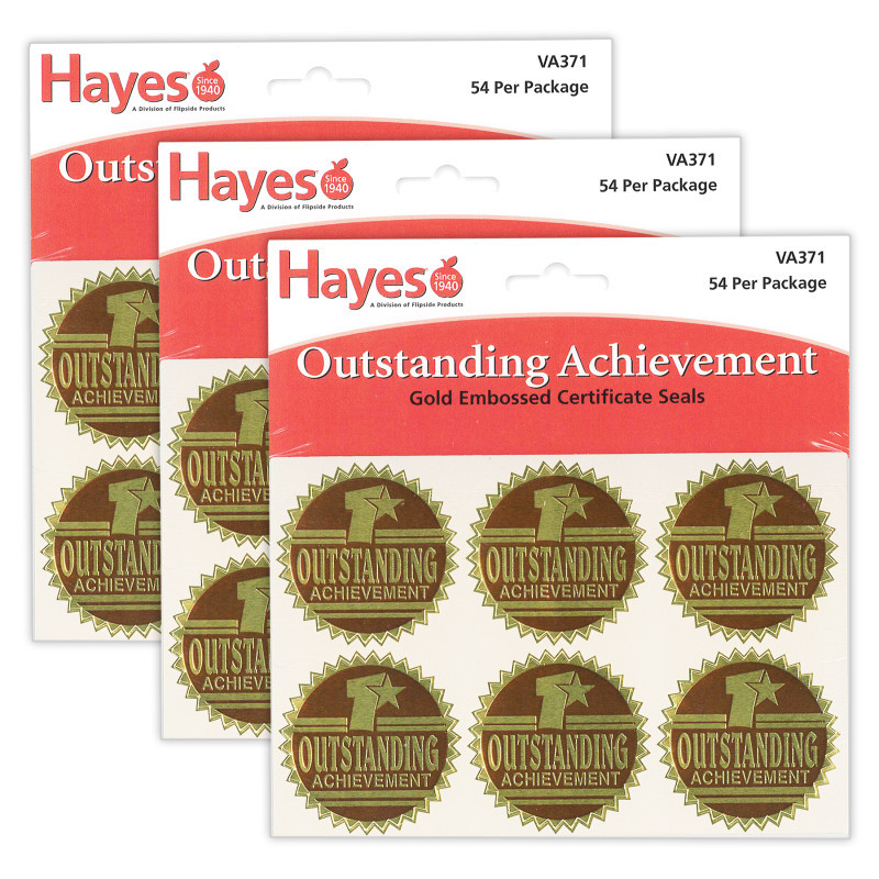 FLIPSIDE Hayes Publishing Gold Foil Embossed Seals, Outstanding Achievement, 54 Per Pack, 3 Packs
