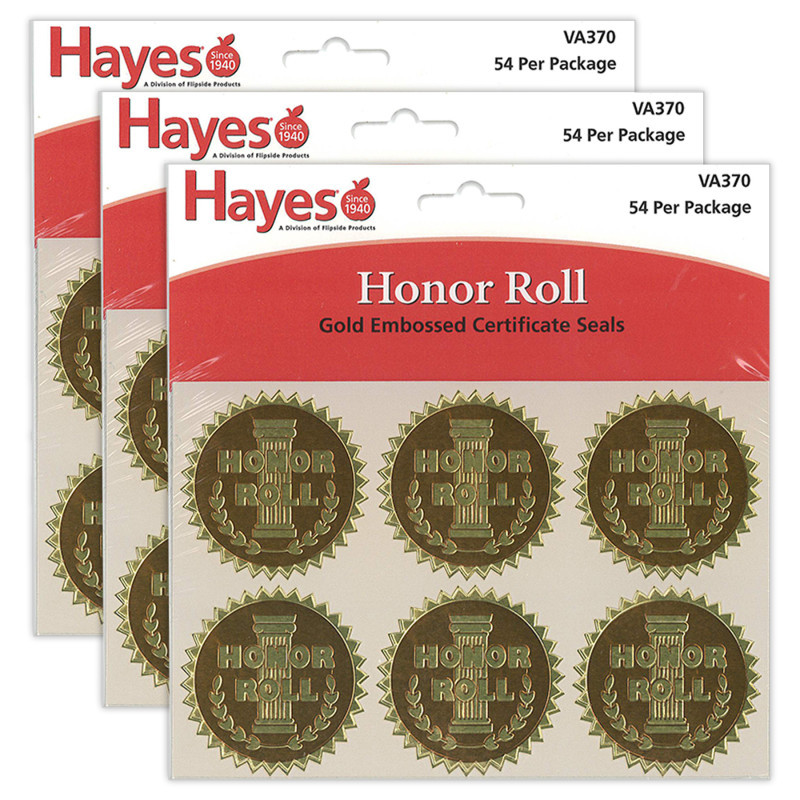 FLIPSIDE Hayes Publishing Gold Foil Embossed Seals, Honor Roll, 54 Per Pack, 3 Packs