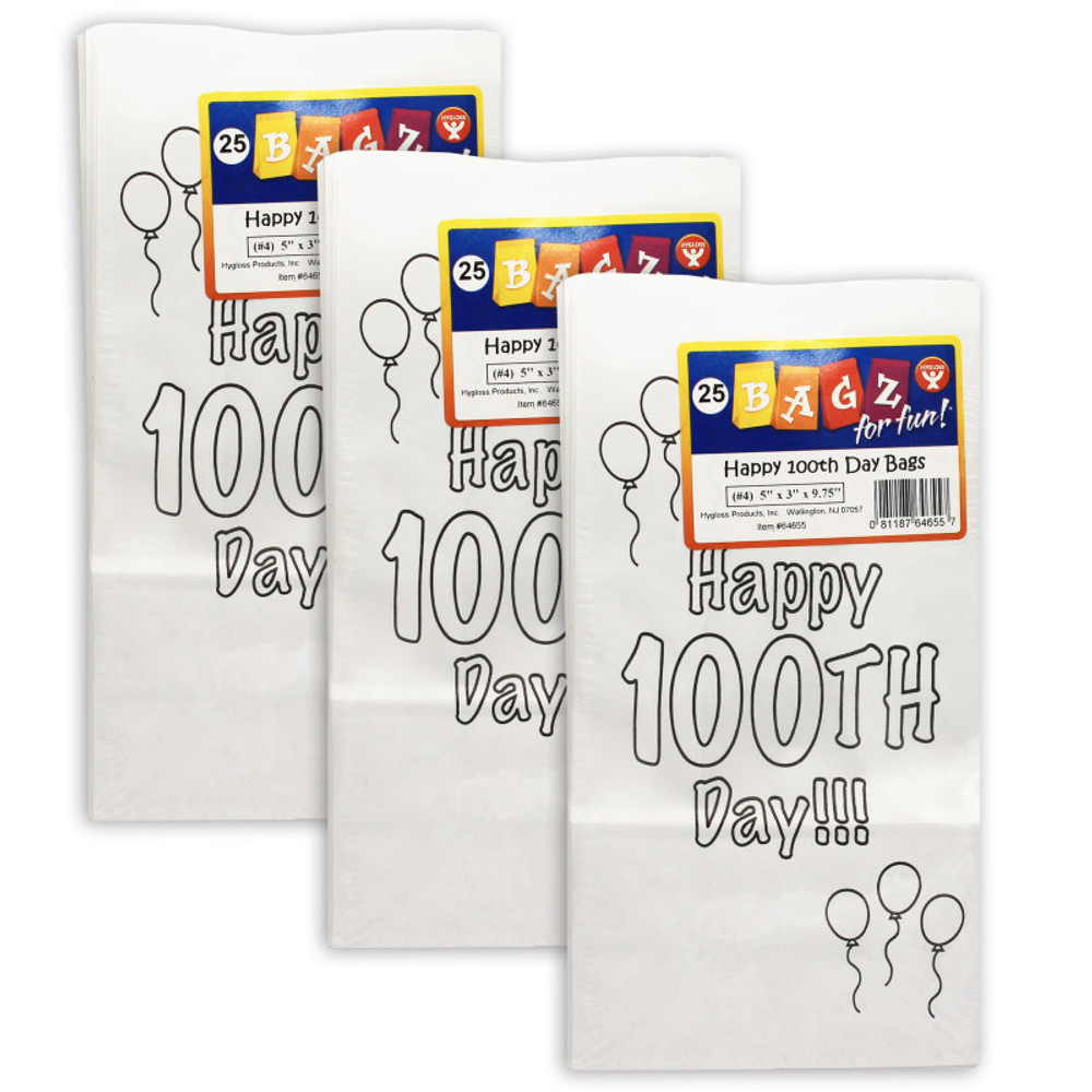 HYGLOSS PRODUCTS INC. Hygloss® Happy 100th Day Paper Bags, 25 Per Pack, 3 Packs HYGLOSS PRODUCTS INC. Hygloss® Happy 100th Day Paper Bags, 25 Per Pack, 3 Packs