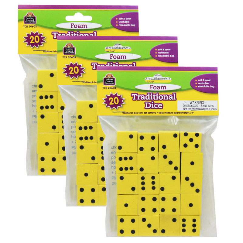 TEACHER CREATED RESOURCES Teacher Created Resources® Foam Traditional Dice, 0.75", 20 Per Pack, 3 packs