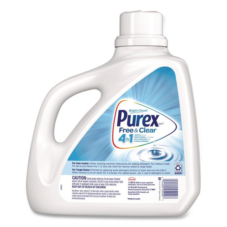 PUREX 05020 Free and Clear Liquid HE Laundry Detergent, Unscented, 150 oz Bottle, 4/Carton