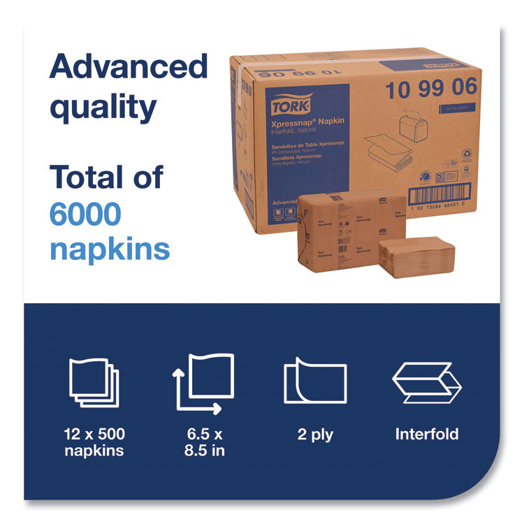 SCA TISSUE Tork® 109906 Xpressnap Interfold Dispenser Napkins, 2-Ply, 6.5 x 8.5, Natural, 500/Pack, 12 Packs/Carton