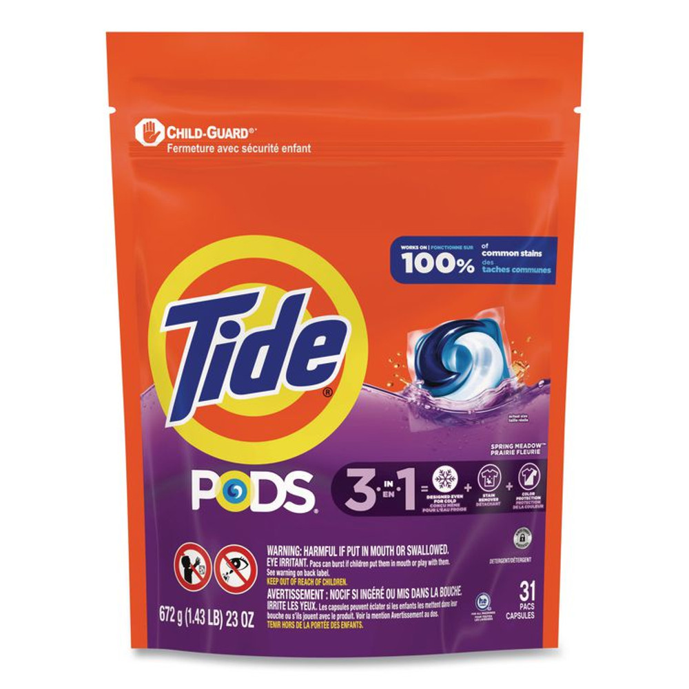 PROCTER & GAMBLE Tide® 93123 PODS Laundry Detergent, HE Compatible, Spring Meadow, 23 oz, 31 Pods/Pack, 4 Packs/Carton