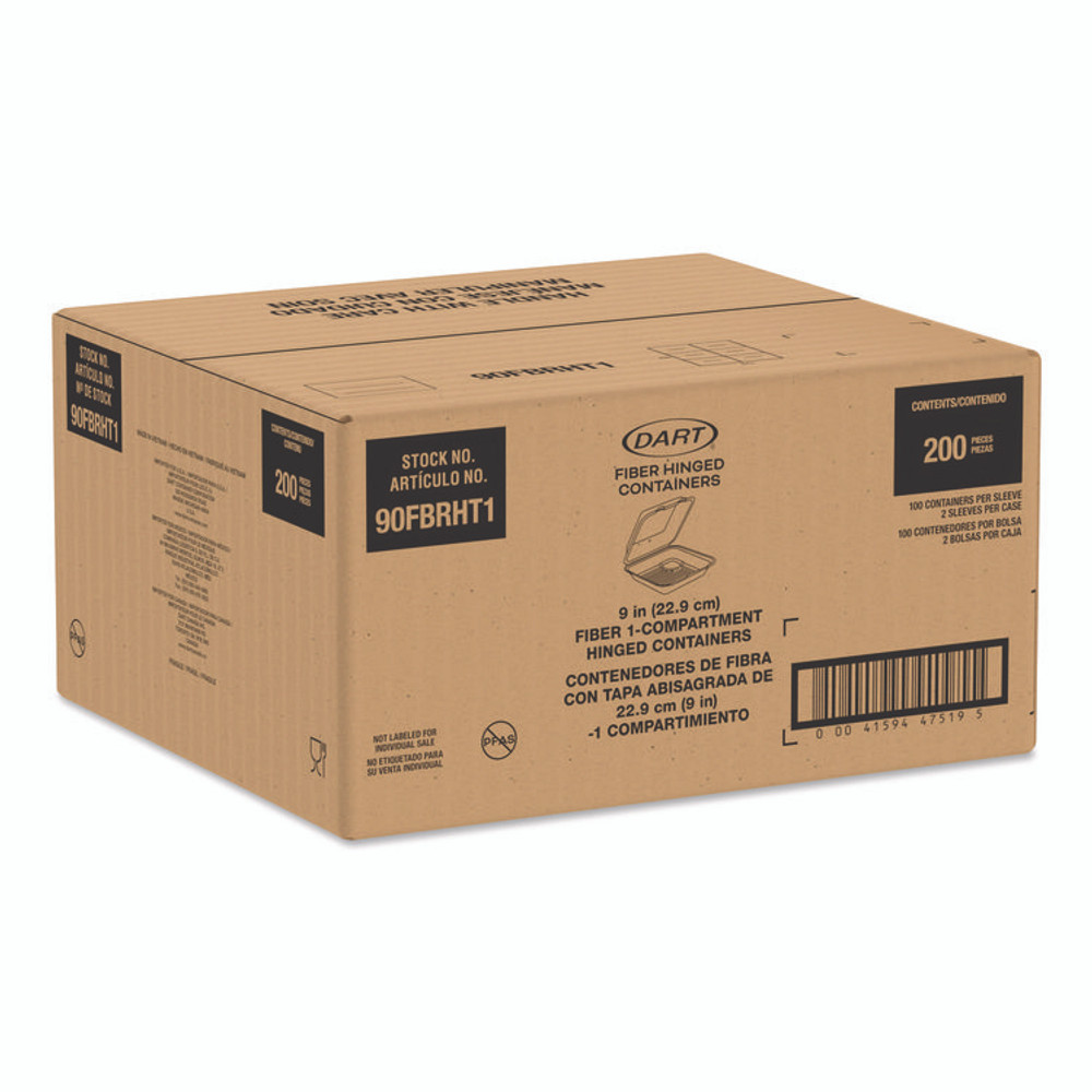 DART 90FBRHT1 Compostable Molded Fiber Hinged Trays, ProPlanet Seal, 9.14 x 9 x 2.98, Natural, 200/Carton
