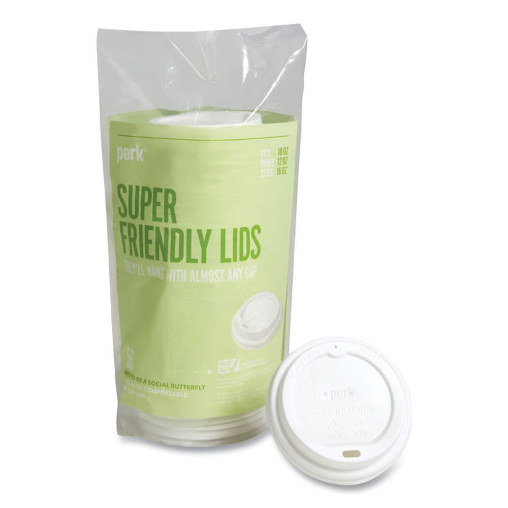 PERK 24394129 Compostable Plastic Hot Cup Lids, Fits 10 oz/12 oz/16 oz Hot Cups, White, 50/Pack