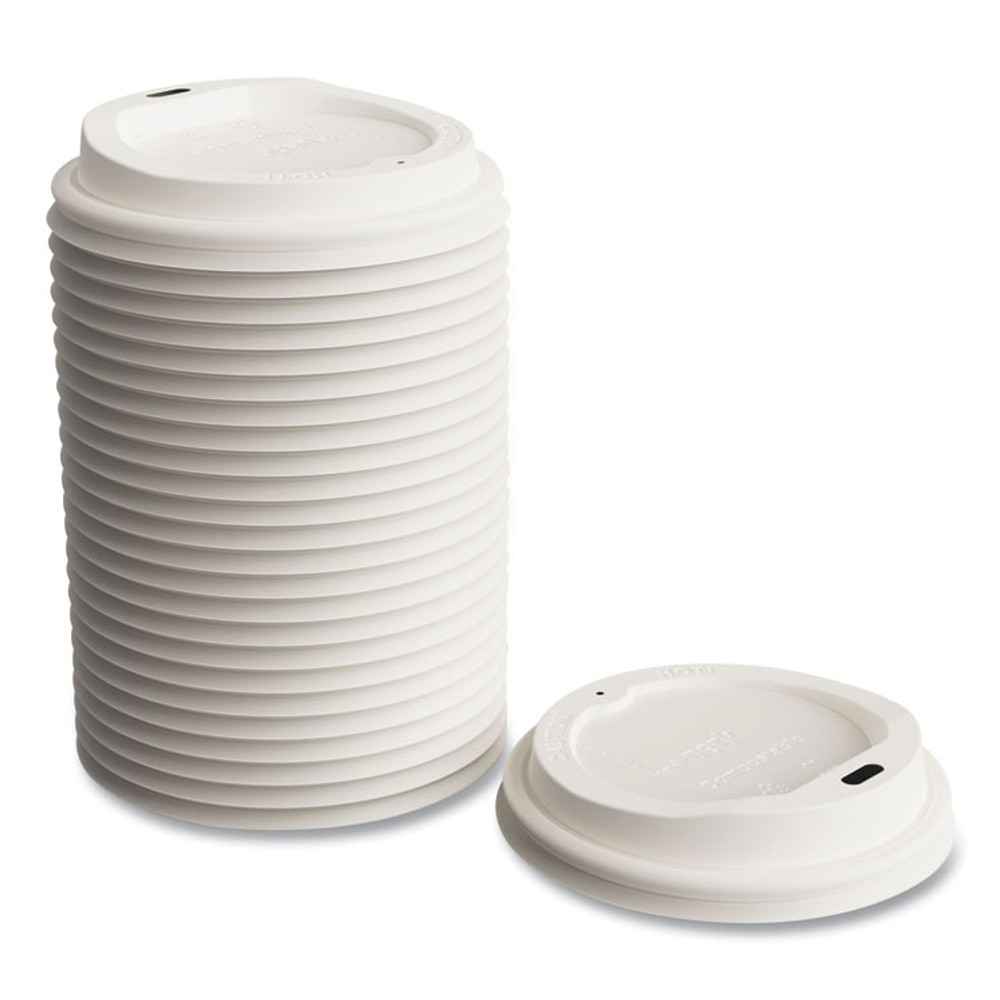 PERK 24394129 Compostable Plastic Hot Cup Lids, Fits 10 oz/12 oz/16 oz Hot Cups, White, 50/Pack