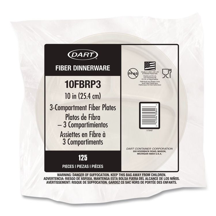 DART 10FBRP3 Compostable Molded Fiber Dinnerware, ProPlanet Seal, 3-Compartment Plate, 10.2" dia, Natural, 500/Carton