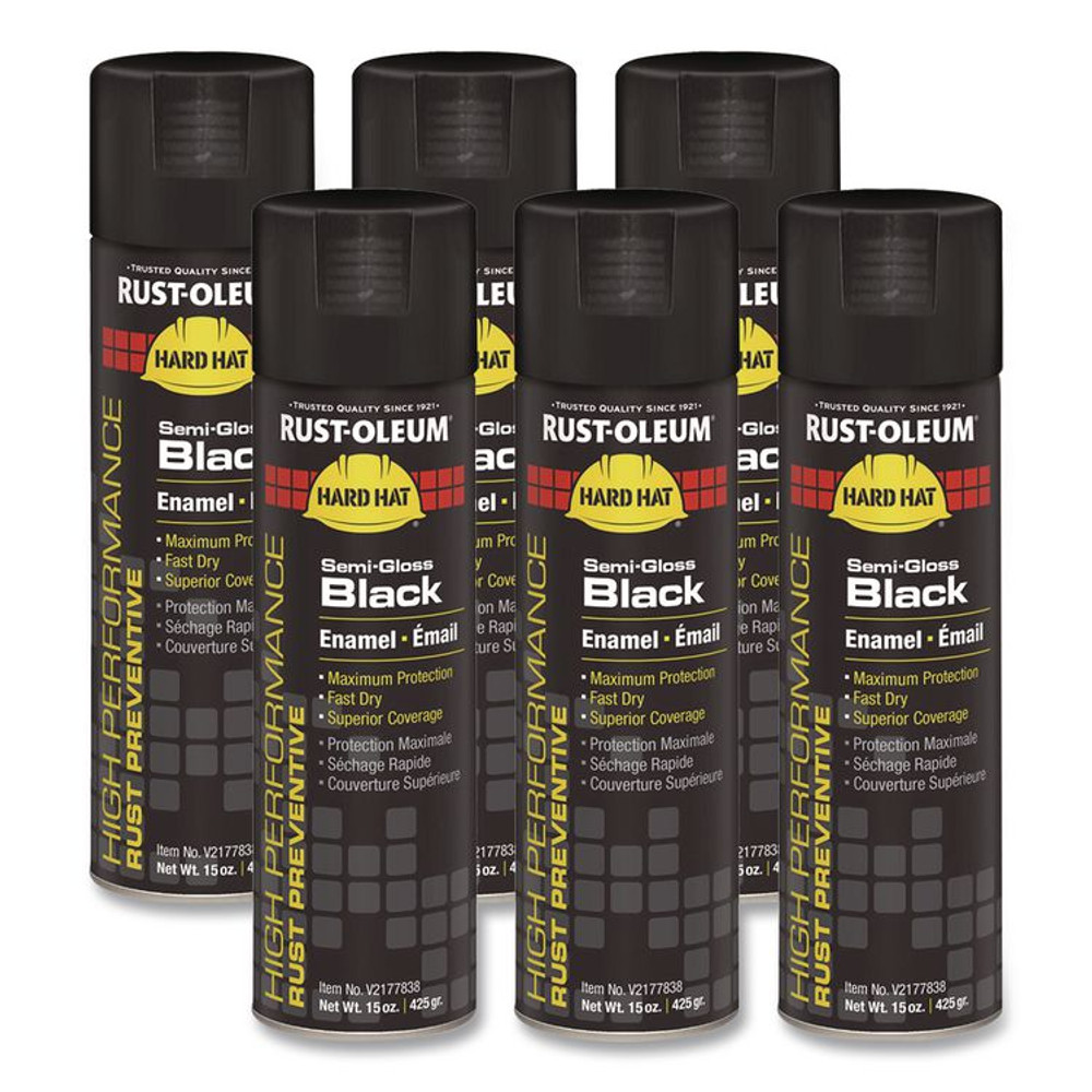 RUST-OLEUM CORPORATION V2177838CT Hard Hat High Performance V2100 System Rust Preventive Enamel Spray Paint, Semi-Gloss Black, 15 oz Aerosol Can, 6/Carton