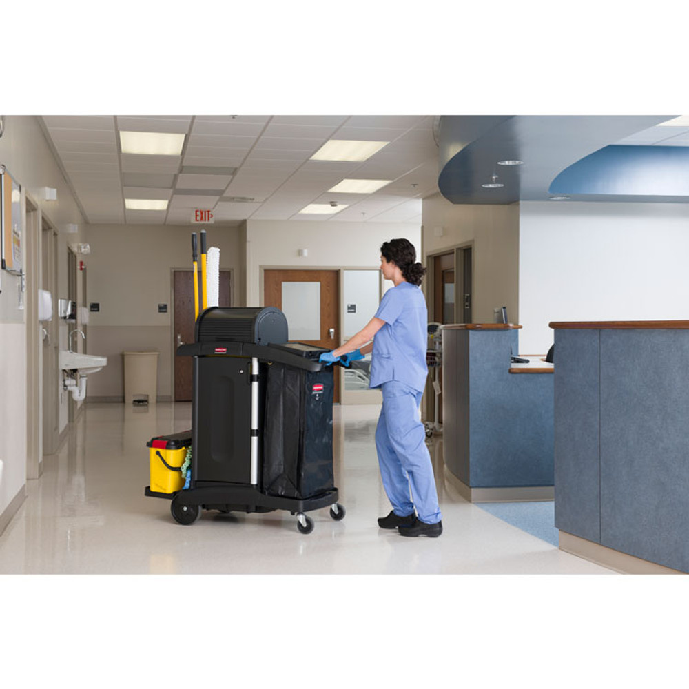 RUBBERMAID COMMERCIAL PROD. 1861427 Executive High Security Janitorial Cleaning Cart, Plastic, 4 Shelves, 1 Bin, 23.1" x 39.6" x 27.5", Black