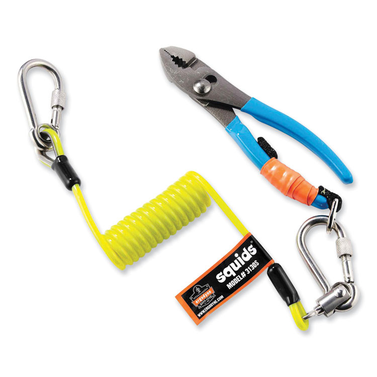 TENACIOUS HOLDINGS, INC. ergodyne® 19130 Squids 3130S Coiled Cable Lanyard with Carabiners, 2 lb Max Working Capacity, 6.5" to 48" Long, Lime