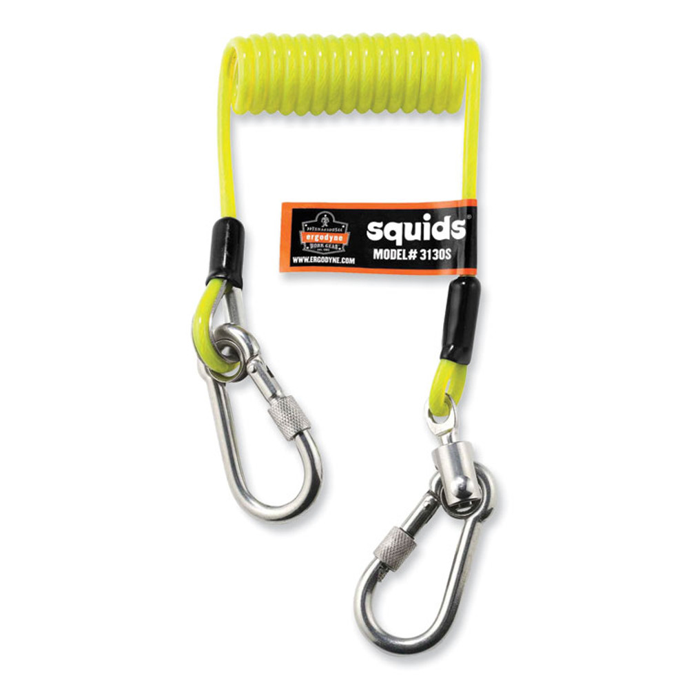 TENACIOUS HOLDINGS, INC. ergodyne® 19130 Squids 3130S Coiled Cable Lanyard with Carabiners, 2 lb Max Working Capacity, 6.5" to 48" Long, Lime