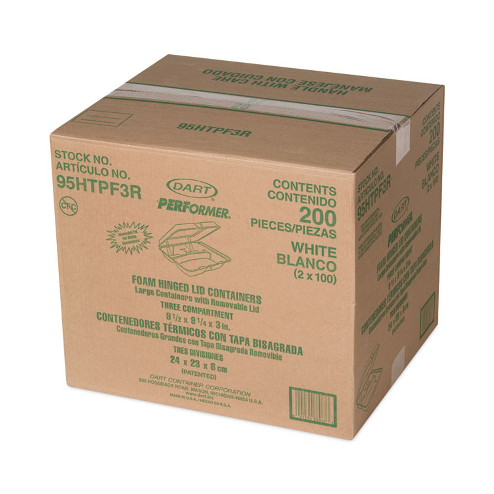 DART 95HTPF3R Foam Hinged Lid Container, 3 Compartments, 9.3 x 9.5 x 3, White, 100/Bag, 2 Bag/Carton