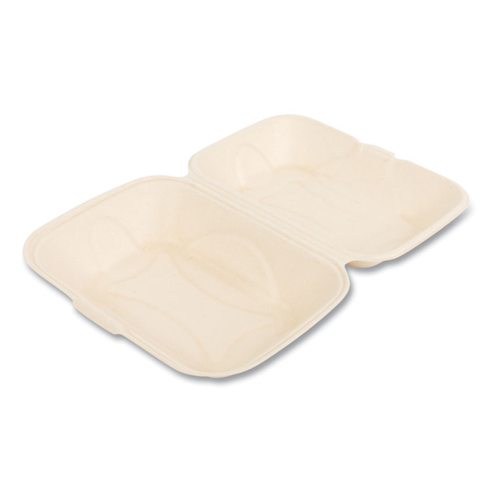 BOARDWALK HINGE96NPFA Bagasse PFAS-Free Food Containers, Hoagie/Hinged Lid, 1-Compartment, 6 x 3 x 9, Tan, Bamboo/Sugarcane, 250/Carton