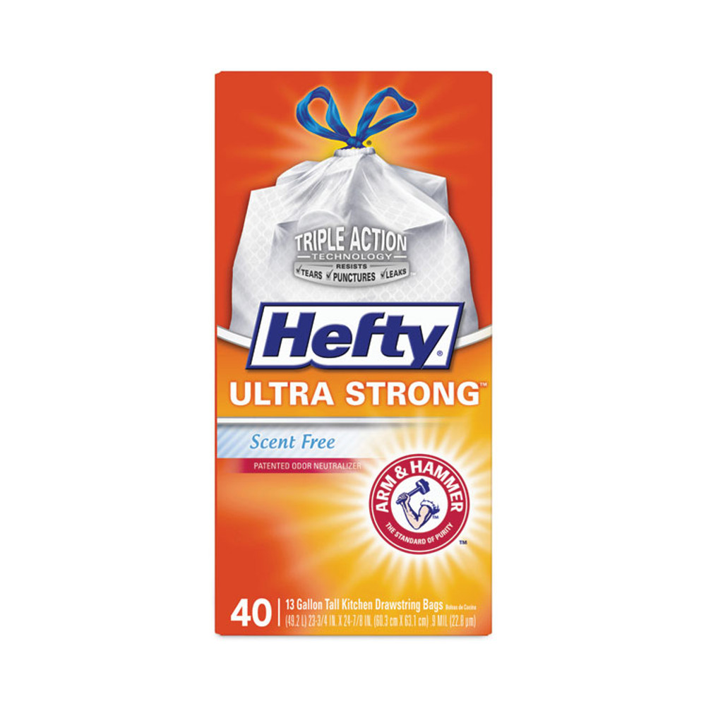 REYNOLDS FOOD PACKAGING Hefty® E88338 Extra Heavy-Duty Ultra Strong Tall Kitchen Trash Bags, Drawstring, 13 gal, 23.75" x 24.88", White, 40/Box